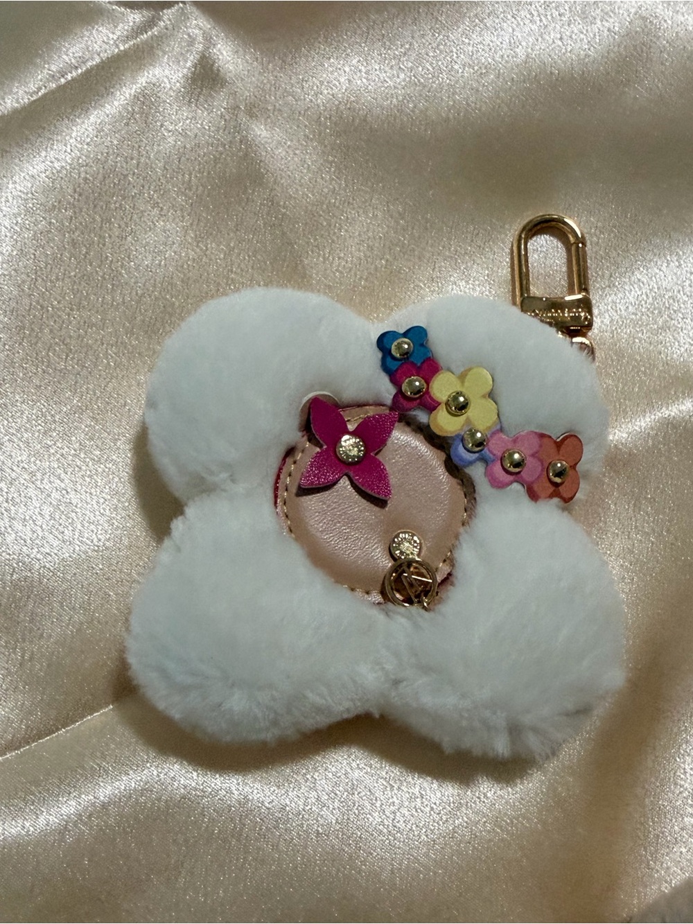 Louis Vuitton White Fur Pom-Pom Key Charm with Multicolor Flower Accents